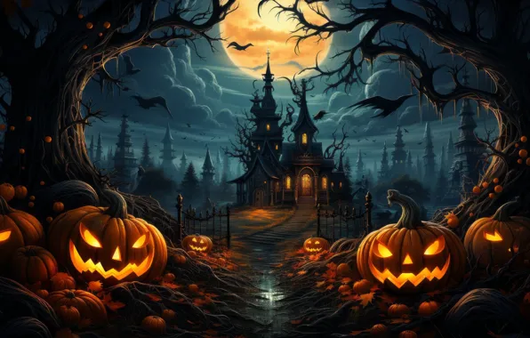 Хэллоуин, Moon, Pumpkins, Night, Holiday