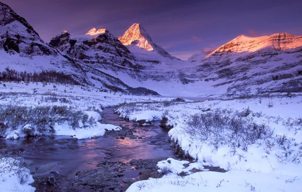 Картинка зима, снег, закат, горы, река
