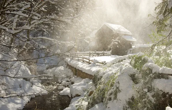 Картинка зима, снег, снежинки, волшебство, домик, метель
