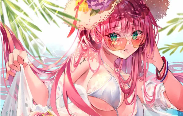 Girl, sexy, wet, cleavage, pink hair, green eyes, long hair, boobs