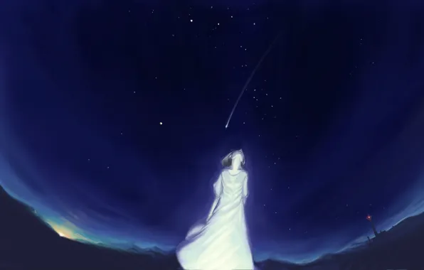 Картинка небо, девушка, звезды, ночь, маяк, аниме, арт, akio-bako