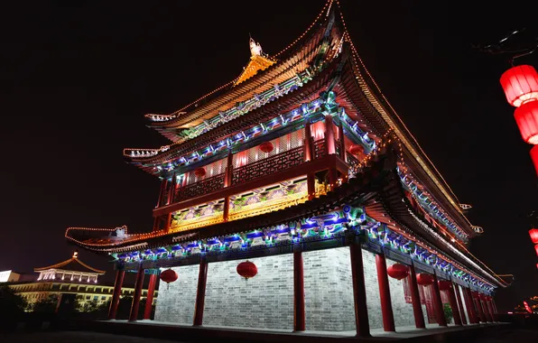 Картинка ночь, огни, Китай, Пекин, китайская архитектура