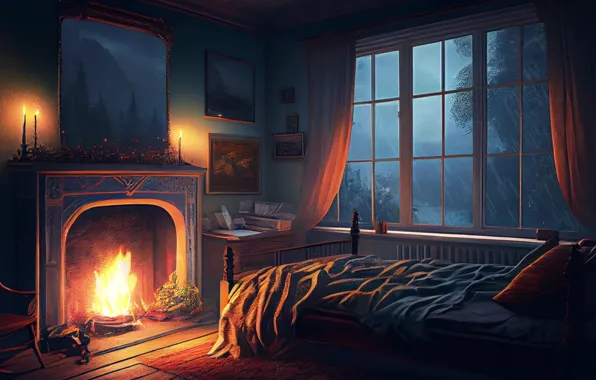 House, rain, bedroom, fireplace