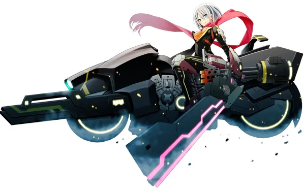 Girl, sword, gun, bodysuit, mecha, weapon, anime, motorcycle