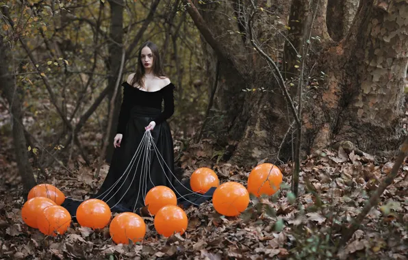 Картинка лес, девушка, шары