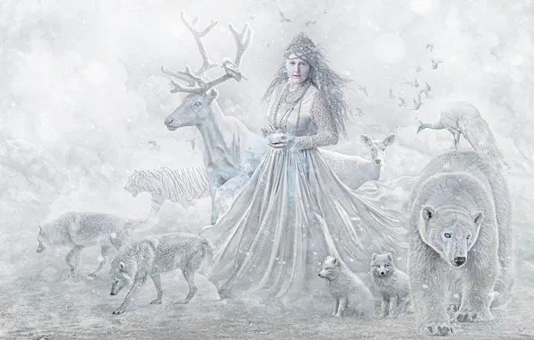 Картинка животные, девушка, звери, олень, медведь, волки