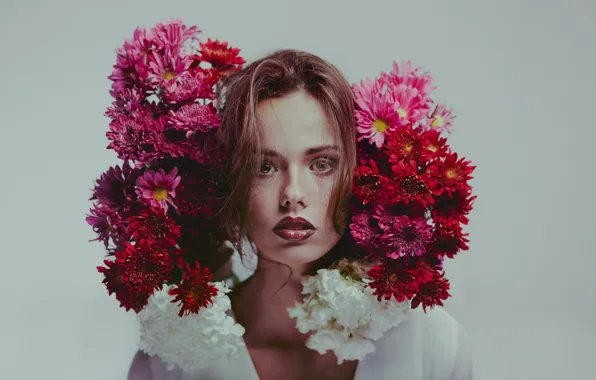 Girl, flowers, lips, direct gaze