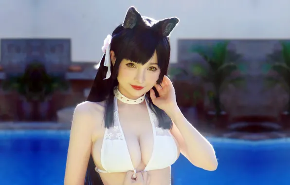 Girl, sexy, pool, cleavage, long hair, boobs, animal ears, smile