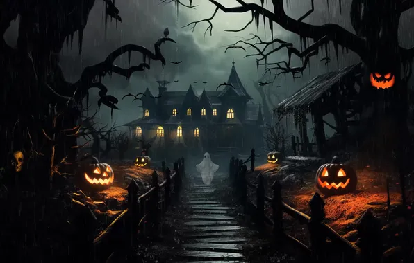 Ночь, замок, тыквы, хеллоуин, helloween