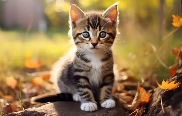 Осень, кошка, взгляд, свет, природа, поза, котенок, серый