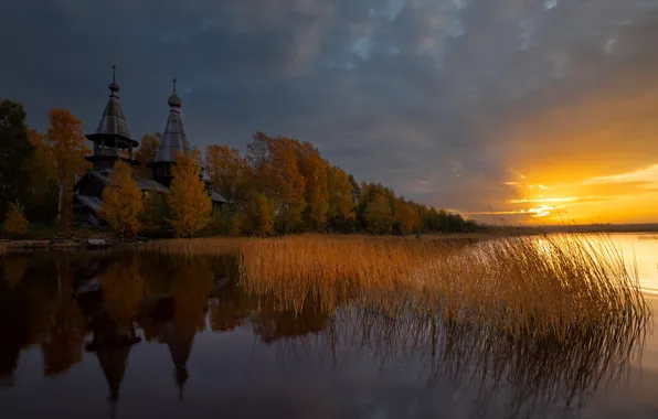 Осень, пейзаж, природа, озеро, рассвет, утро, церковь, леса