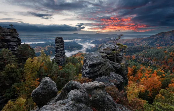 Картинка деревья, закат, камни, красота, Red Sunset