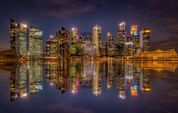 Ночь, огни, отражение, побережье, небоскребы, залив, Сингапур