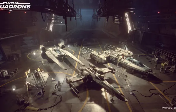 Люди, космические корабли, бункер, Star Wars: Squadrons