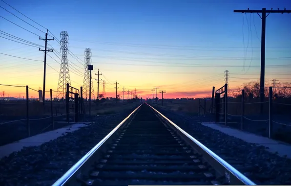 Картинка небо, закат, горизонт, железная дорога, линия электропередач