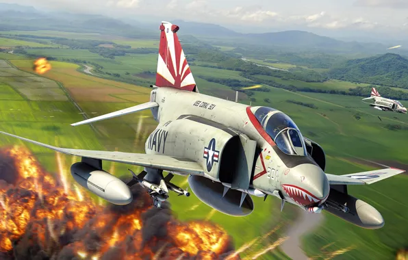 Картинка истребитель-бомбардировщик, artwork, двухместный, ВМС США, третьего поколения, McDonnell Douglas F-4 Phantom II, дальнего радиуса действия …