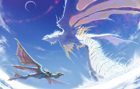Картинка фентези, крылья, драконы, аниме, всадник, полёт