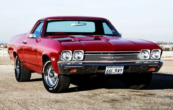 Картинка небо, красный, Chevrolet, мускул кар, классика, пикап, передок, 1968
