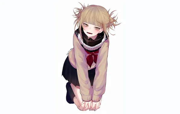 Взгляд, девушка, поза, улыбка, белый фон, Boku no Hero Academia, Моя геройская акадеимя, Toga Himiko