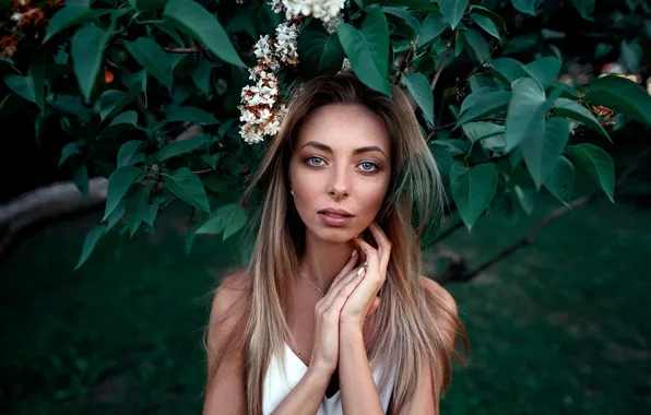 Взгляд, девушка, природа, парк, волосы, сирень, Настя, Густарев Максим