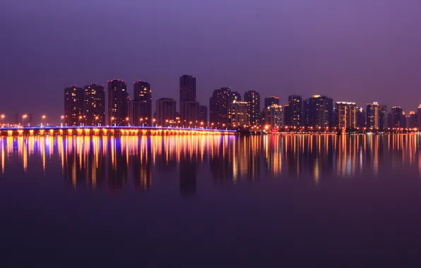 Lights, China, Shanghai, skyline, bridge, water, night, colour