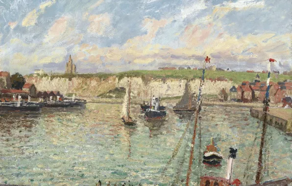 Пейзаж, корабль, картина, парус, Камиль Писсарро, Порт Дьепп Солнечным Днем