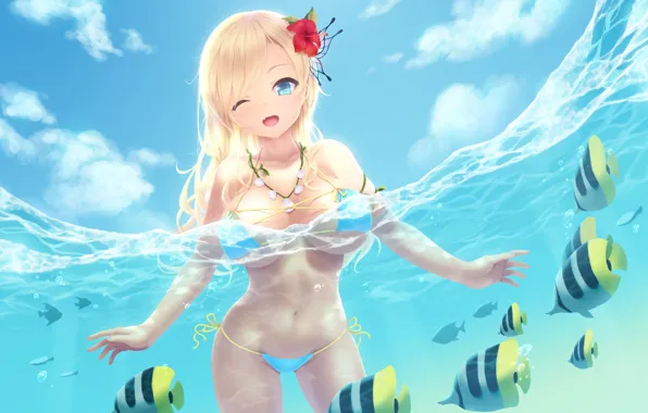Море, купальник, вода, девушка, рыбы, art, boku wa tomodachi ga sukunai, kashiwazaki sena