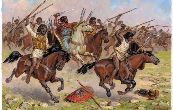 Картинка рисунок, лошади, арт, Африка, битва, мечи, большие, дротики