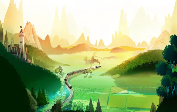 Холмы, поезд, долина, нарисованный пейзаж
