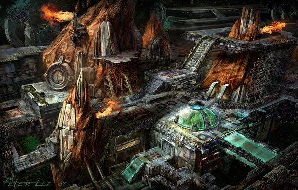 Картинка космос, город, скалы, огонь, корабль, станция, Starcraft 2