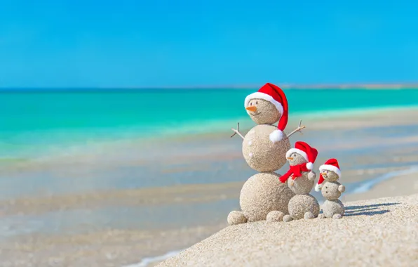 Песок, море, пляж, Новый Год, Рождество, снеговик, happy, Christmas