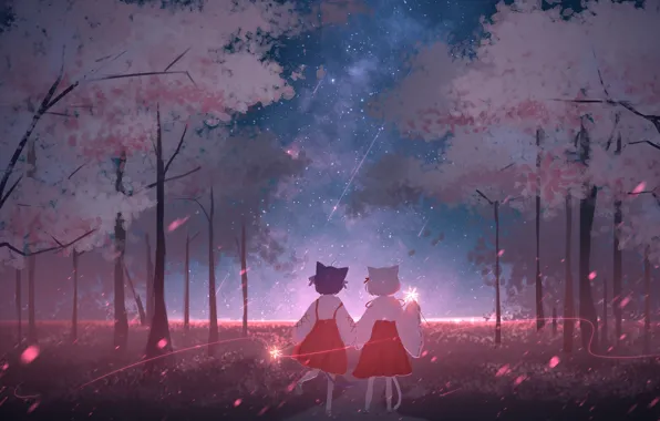 Кошка, ночь, девочки, сакура, цветение, бенгальские огни
