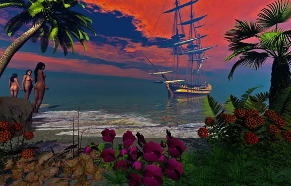 Картинка песок, море, волны, небо, вода, цветы, тучи, камни