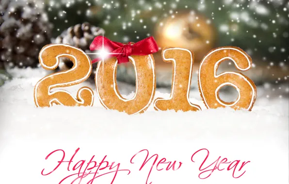 Картинка снег, снежинки, красный, блики, праздник, надпись, Новый год, Happy New Year