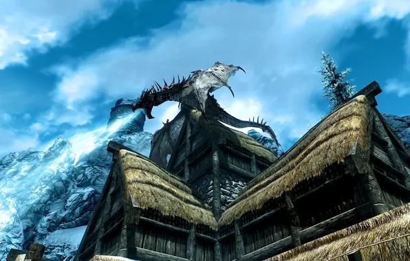 Картинка лед, крыша, горы, дом, дракон, The Elder Scrolls V Skyrim