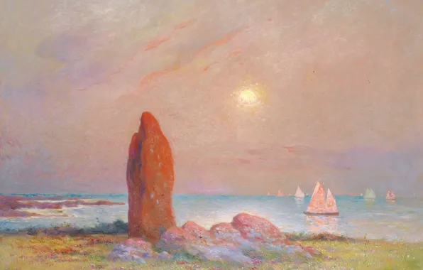 Море, пейзаж, скала, лодка, картина, парус, мегалит, Ferdinand du Puigaudeau