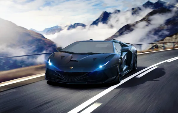 Картинка Lamborghini, Speed, Front, Tuning, Aventador, Road, Supercar, Fog, Hyper