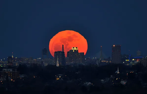 Картинка восход, Луна, полнолуние, Бостон, перигей