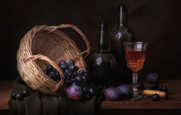 Фон, вино, бокал, виноград, бутылки, корзинка, сливы, штопор