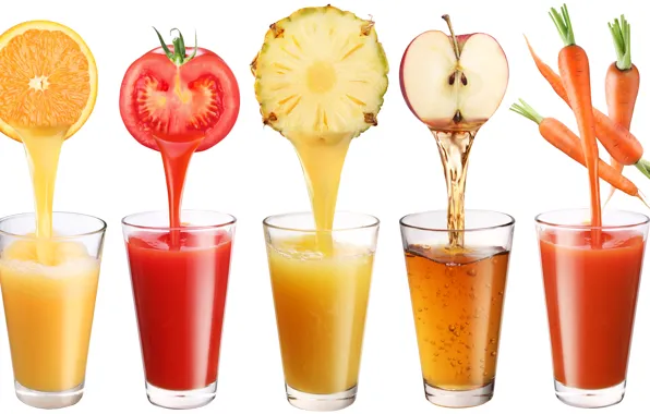 Картинка яблоко, апельсин, белый фон, стаканы, ананас, напитки, томат, морковь