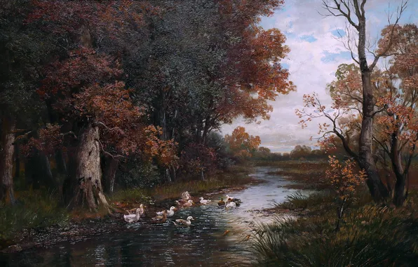 Деревья, Пруд, Картина, Alois Arnegger, Утки, Алоис Арнеггер, Австрийский живописец, Утки на пруду в осеннем …