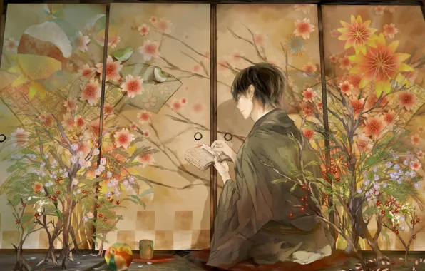 Картинка закладка, терадь, цветы, парень, кимоно, аниме, птицы, иероглифы