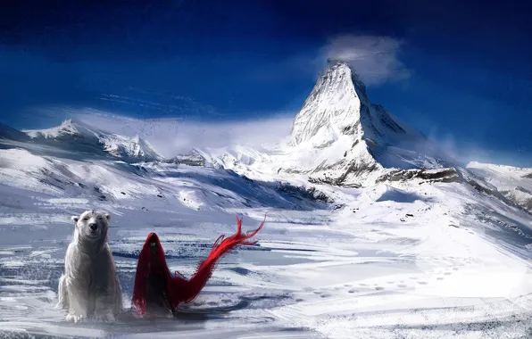 Картинка холод, девушка, снег, горы, красный, ветер, медведь, арт