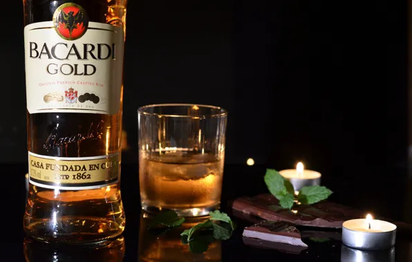Стакан, бутылка, свечи, бренд, Bacardi