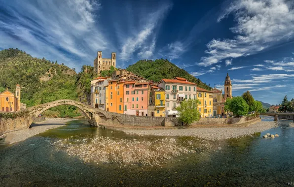 Картинка река, холмы, здания, дома, Италия, мосты, Italia, Лигурия