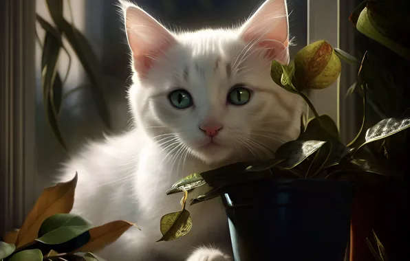 Кошка, белый, взгляд, листья, свет, поза, котенок, растение