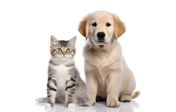 Кошка, котенок, вместе, собака, щенок, белый фон, друзья, полосатый