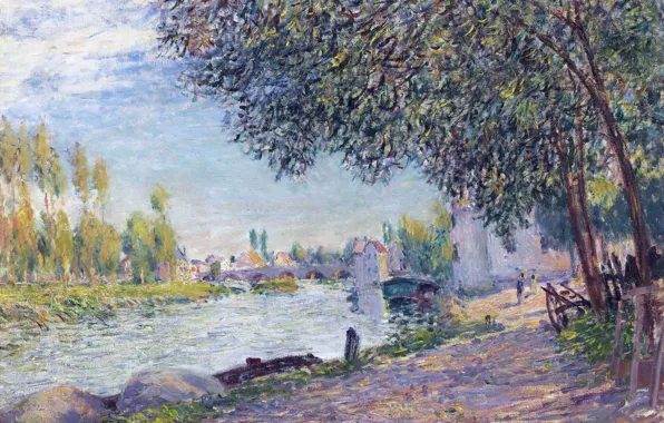 Картинка пейзаж, картина, Alfred Sisley, Альфред Сислей, Мост в Морэ-сюр-Луэне. Вечер