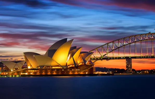 Картинка мост, Сидней, освещение, залив, море, огни, вечер, Австралия