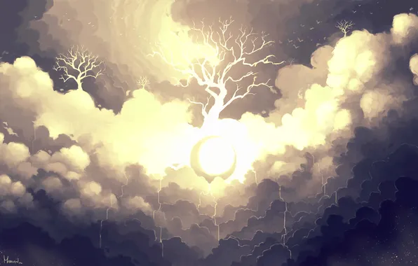 Картинка облака, абстракция, дерево, арт